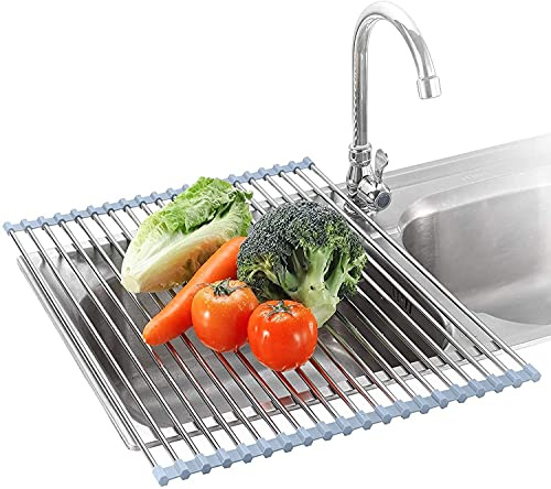 Seropy Roll Up Dish Drying Rack Over The Sink for RV Sink 17.5x15.7 in Kitchen Drying Rack Folding Dish Drainer Mat Rolling Dish Rack Foldable Rack Stainless Steel Wide Kitchen Dry Rack