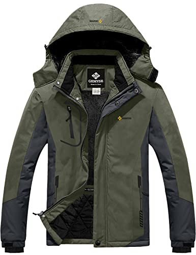 GEMYSE Herren Wasserdichte Berg-Skijacke Winddichte Fleece Outdoor-Winterjacke mit Kapuze (Armeegrün Grau,L)
