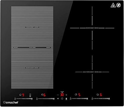 AMZCHEF Induktionskochfeld 60cm mit Flexzonen, 4 Zonen Induktionskochplatte mit Boost-Funktion und 9 Leistungsstufen, Pausenfunktion, Timer, Sicherheitsschloss, Überhitzungsschutz, BBQ, 7200W