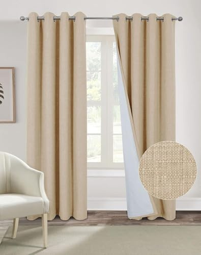 always4u Rideaux Occultant 100% en Faux Lin, Isolant Thermiques, Double Rideaux Salon Moderne à Oeillets pour Fenêtre Cuisine 137x213cm Beige Lot de 2