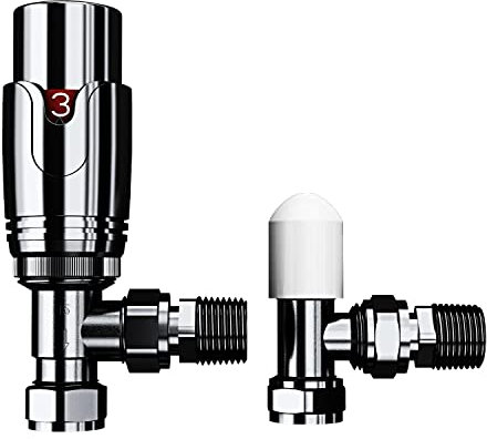 iBathUK Pro Thermostatic Angled Radiator Valve 1/2 (TRV) and Lockshield Valve, Central Heating, Tower Rail Valve- Chrome