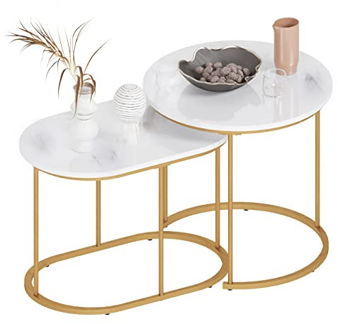 DlandHome Tables Gigognes Lot de 2 Tables d'appoint Basses Bouts de Canapé Industriel Style avec Pied Métal Doré pour Salon, Marbrure