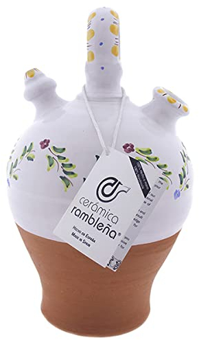 CERÁMICA RAMBLEÑA | Cruche en argile rouge | Pichet à anse ronde décorée base tournée Bordure Vert-Jaune - Modèle D07 de La Rambla (Córdoba) | 100% fait main | 3.5 litres | ÉCHO