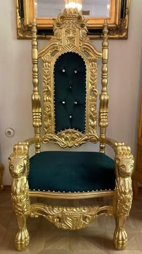 Casa Padrino Luxus Barock Thron Sessel Dunkelblau/Gold - Handgefertigter Massivholz Königssessel mit Glitzersteinen - Barock Möbel - Edel & Prunkvoll