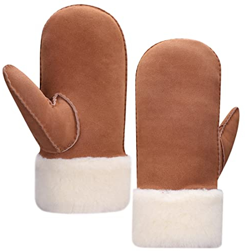 Harssidanzar Fäustlinge Für Herren,Schaffell Shearling Beheizte Warme Pelzmanschetten Fäustlinge Für Winterkaltes Wetter KM042EU,Kamel,Größe L