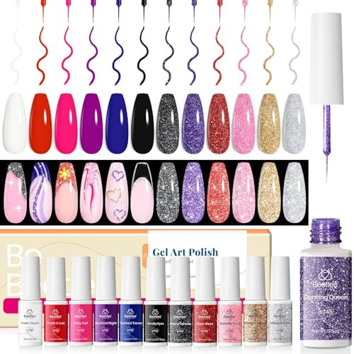 Beetles Gel Polish Reflective Glitter Set - 12 Color Nail Art Paint With Built-in Brush for Swirl Design - Black, White, Hot Pink - Soak Off LED Lamp Manicure Kit
