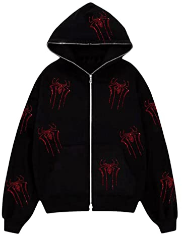 FeMereina Damen Kapuzenpullover mit Reißverschluss und Strasssteinen, Vintage-Grafik, Skelett-Druck, Kapuzen-Sweatshirt, ästhetisch, übergroße Jacken, Halloween, Streetwear, Schwarz-rote Spinne, 36