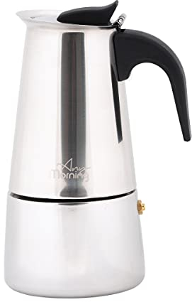 Any Morning Cafetera de café expreso con estufa | Moka Pot | Cafetera italiana | Cafetera percolador de acero inoxidable | Cafetera de 4 tazas | 7.4 onzas | 200 ml | Plata