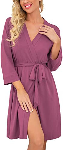PrinStory Women Robes Lightweight Dressing Gowns Soft Kimono Robes Short Sleepwear Casual Knit Bathrobe Ladies Loungewear Homewear (Purple Red, S)