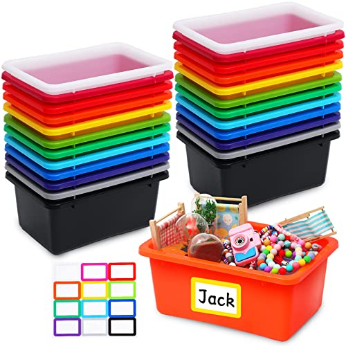 Tuanse 24 Pcs Plastic Cubby Bins Classroom Organization Book Bins with Label Assorted Colors Stackable Toy Storage Boxes for Back to School Classroom Office Home Nursery Playroom