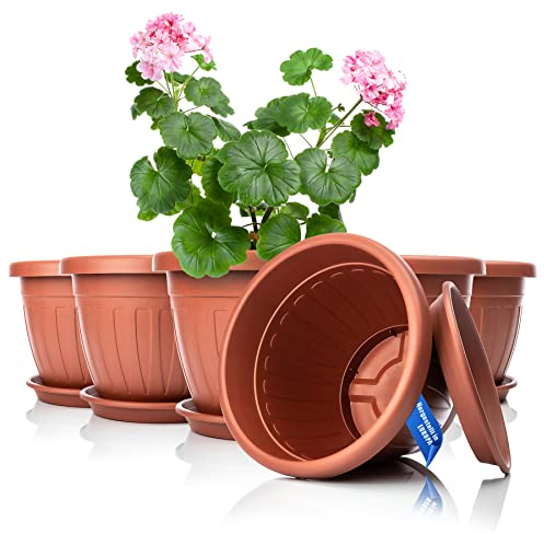 BigDean 6X Blumentopf mit Untersetzer rund ø28xH20 cm Terracotta - wetterfester Pflanzkübel - Wasserablauf UV-beständig aus bruchsicherem Kunststoff - Innen + Außen geeignet - Made in Europe