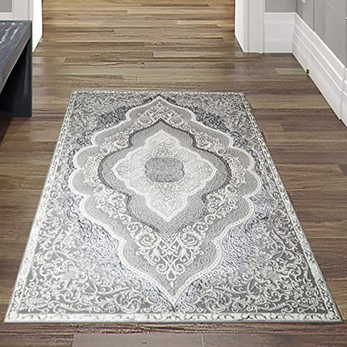 Orient Design Hoch-Tief Effekt Konturenschnitt Teppich verziert Silber glänzend, 80 x 150 cm