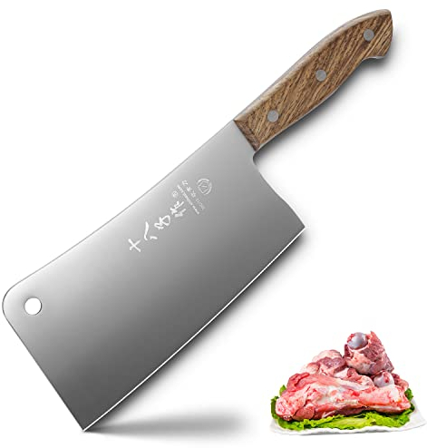 SHI BA ZI ZUO couteau de boucher robuste en acier inoxydable de 7 pouces, couperet à os, manche complet avec poids