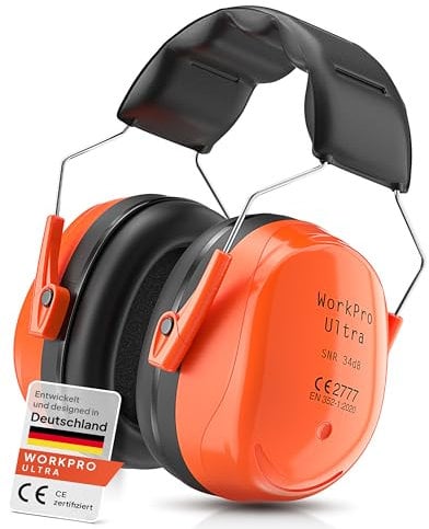 Senner ® WorkPro Ultra | Cascos Antiruido Ajustables – Protección Auditiva para el Trabajo, Cuffie de Insonorización, SNR 34 dB, Certificado CE, Unisex, Negro/Naranja, para Trabajo y Ocio