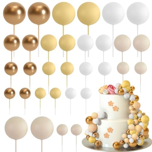 ASTARON 32 Pcs Ball Cake Topper Decorations Mini Balloons Cake Topper Sticks Foam Balls Cake Picks Cake Topper Balls Cake Decorations for Wedding Party Birthday Cake Decorations (Yellow Gold)