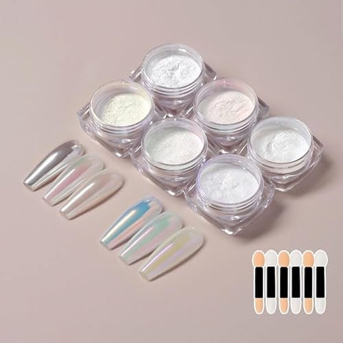 6 Colors Moonlight White Pearl Aurora Nail Powder-Metallic Chrome Nail Powder-Holographic Mirror Effect Chrome Powder-Iridescent Mermaid Powder Pigment Manicure Powder for Glitter Nail Art