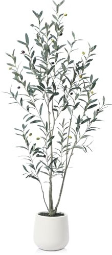 Fopamtri Olivier Artificiel 150 cm Plantes Artificielles Interieur avec Fruits, Fausse Plante Olivier en Blanc Pot pour Maison Chambre Bureau Balcon Déco (1 Pièce)