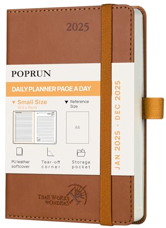 POPRUN Kalender 2025 Tagesplaner Softcover 16 x 10,5 cm, Tageskalender A6 1 Tag 1 Seite (Montag - Sonntag), Terminplaner (Jan.2025-Dez.2025) mit PU-Leder - EU-25-C6LBTA6-BN