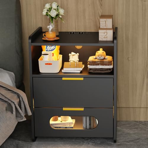 PIPIPOXER Table de Chevet avec Multiprise avec Port USB et Port USB C, Table de Nuit avec 2 Bandes LED et 2 Tiroirs, Table d'appoint Bout de Canapé pour Salon, Chambre, Moderne, 50x40x64cm, Noir
