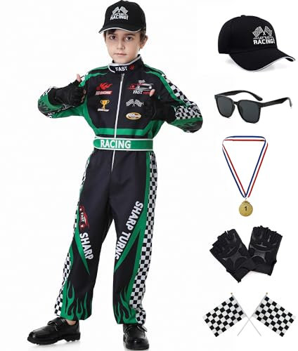 Dzorim Deguisement Pilote de Course Enfant, Chapeau et Combinaison de Course Kids Dress Up Set (Vert, 140)