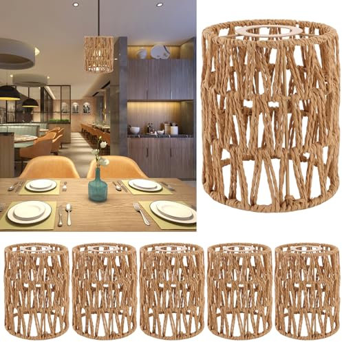 AKOLAFE 6 Stück Lampenschirm Hängelampe Boho 12x12x15cm Lampenschirm Rattan Papierlampenschirm Ersatzschirm Zubehör für Stehlampe, Tischlampe, Pendelleuchten, Hängelampenschirme
