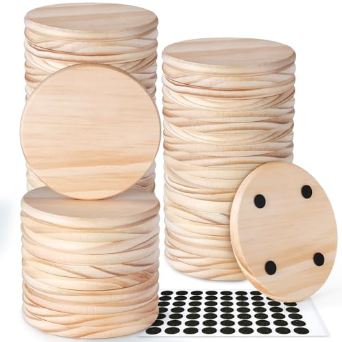 48 Pieces Unfinished Wood Coasters, GOH DODD 4 Inch Wooden Blanks with Foot Pads for Crafts Laser Engraving Wood Burning Staining Painting Decoupage Wedding Housewarming Gifts Education, Round