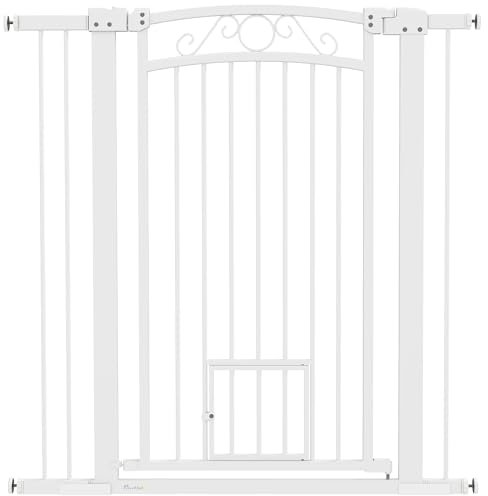 PawHut Barrera para Perros Puerta para Perros 76-104 cm Barrera de Seguridad para Perros con 2 Extensiones 7/14 cm y Doble Bloqueo para Escaleras y Puertas Blanco