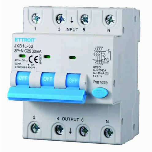 380V 25A C25, INTERRUTTORE MAGNETOTERMICO DIFFERENZIALE SALVAVITA, 3P+N, MONTAGGIO SU BARRA DIN, 4 MODULI, 30mA, 6KA 6000A, RCBO, 415VAC, classe A