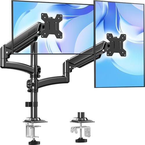 MOUNTUP Dual Monitor Arm Desk Mount Fits Max 32 inch screens, Gas Spring Monitor Arm with Tilt Swivel Rotation, Adjustable Stand Height up to 675mm, with C-clamp & Grommet Mounting, EU6016B