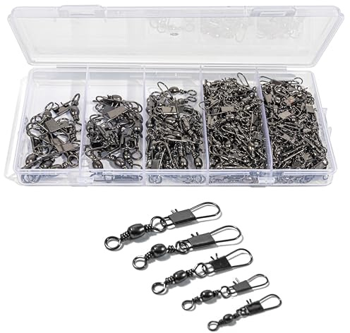 Scaups 100Pcs Fishing Swivels, 5 Sizes Barrel Snap Swivel Fishing Tackle for Quick Linking of Lures and Lines