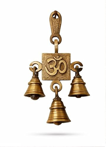 OM/AUM 3 Bells Wall Hanging Home Decor Gifts Brass Temple Bell Traditional Indian Home Decor, Pooja Accessories Hanging Windchime Hindu Idol Figure with Unique for Door Wall (1)
