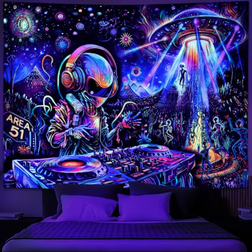 Galoker Schwarzlicht-Alien-UFO-Tapisserie, Trippy Galaxy, Planet, UV-reaktiv, lustig, DJ-Musik, Wandteppich, Pflanze, Kaktus, Wandbehang für Heimdekoration (179,8 x 235 cm)