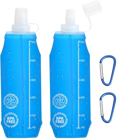 VOSSOT Borraccia Pieghevole 2 Pezzi da 500ml con Moschettone - Soft Flask Ultraleggera e Pieghevole, BPA Free e Antigoccia - Ideale per Corsa, Escursionismo, Campeggio e Attività Outdoor