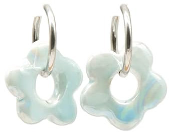 Feliss Pendientes de aro de plata con flores de cerámica, pequeños pendientes de aro de los años 80 de acero inoxidable con colgante, joyería boho, joyería de moda, accesorios Y2k