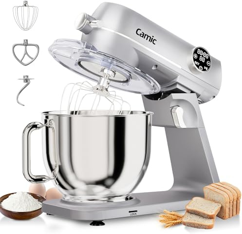 Camic Küchenmaschine 1800W, Knetmaschine aus Vollmetall mit 10 Stufen, digitaler Touchscreen, Timer, Teigmaschine mit Schneebesen, Knethaken und Rührbesen zum Backen von Kuchen, Keksen und Brot