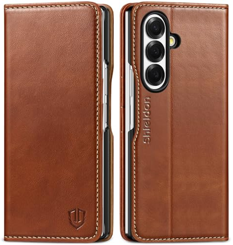 SHIELDON Lederhülle Kompatibel mit Galaxy Z Fold 7 (8,0) 2025, Retro Braun | Echtleder, Standfunktion, RFID Blocker, 3 Kartenfach, Stoßfest, Magnetverschluss, Handyhüllen, Schutzhülle