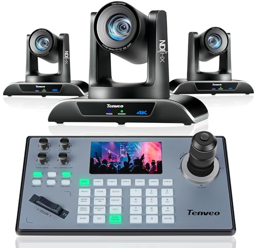 Tenveo PTZ Camera and Controller Bundle/Kits - 4K 20X AI Auto Tracking HDMI/USB3.0/LAN(PoE) NDI PTZ Camera(3PCS) and 5'' LCD Screen Joystick Controller for Church Service Events Live Streaming