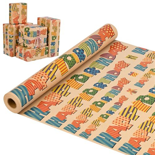 43cm x 15m Geschenkpapierrolle Geburtstag,Recycelbares Geschenkpapier Happy Birthday für Kindergeburtstag Babyparty Mädchen Jungen Erwachsener (Kuhfellgeburtstag)