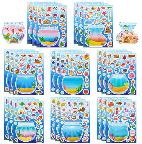 GSrenyu 24 Sheets Fish Tank Stickers for Kids, Blue Ocean Cartoon DIY Sticker Pack, Cute Stickers for Aquarium Craft, Party Favors, School Projects, Party Bag Fillers for Kids