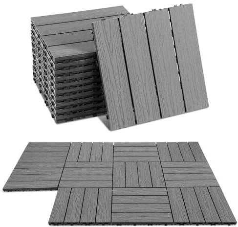 ISOISL 33er Set WPC Terrassenfliesen, 30x30cm Balkonfliesen Klickfliesen, WPC Fliesen für 3m², Bodenbelag mit Drainage, Terrassendielen Wasserfest Korrosionsbeständig, für Terrasse Balkon, Anthrazit