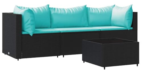 Mhdvray Ensemble de salon de jardin 4 pièces noir 63 cm en polyrotin avec coussins bleu eau table basse verre trempé design moderne robuste et durable pour jardin, balcon et terrasse