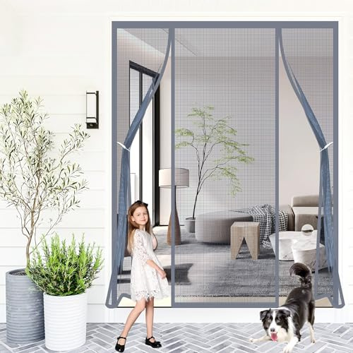 Porte Moustiquaire Magnétique Rideau 240x210cm Magnétique Moustique Sans Perçage Fermeture Automatique Moustiquaire Baie Vitree Coulissante Garde l'Air Frais à l’Intérieur pour Chambre Gris