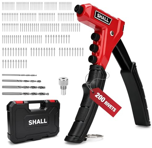 SHALL - Pistola de remache con 200 remaches pop, remachadora de una mano con 4 puntas intercambiables sin herramientas, 4 brocas HSS y estuche de transporte, kit de pistola de remache pop premium para
