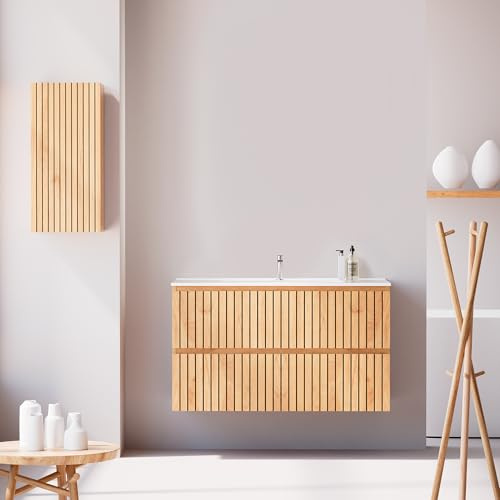 Feel Your Bath Conjunto Mueble Baño Tiger 100 cm Roble Nórdico con Encimera Cerámica Blanca Brillo, Lavabo Incluido, 2 Cajones Soft Close, Diseño Suspendido, Gran Almacenaje práctico y Funcional
