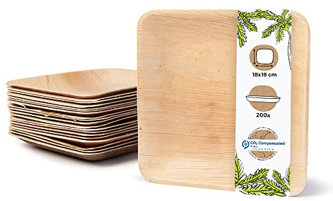 BIOZOYG 200x assiettes en feuille de palmier 20 x 20 cm - Assiettes jetables compostables et naturelles - Vaisselle de fête carrée