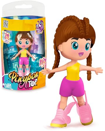 Pinypon TOP Girls Brunette, Chica TOP Morena con Outfit de Street Style, Figura de 11 cm Articulada de Brazos y Piernas, Doble Cara y Ropa y Zapatos Intercambiables, +4 años, Famosa (PNN00200)