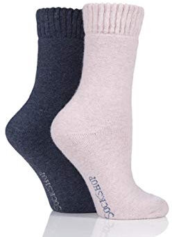 SockShop Ladies 2 Pair Wool Mix Striped and Plain Boot Socks Frost Pink 4-8