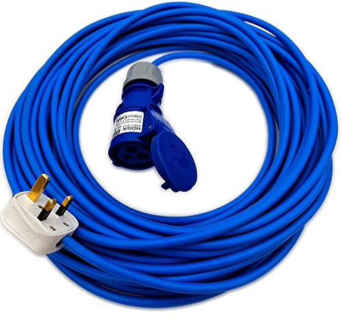 UK Made Mains Power 13Amp UK Plug to 16Amp IP44 240v Coupler Fly Lead (20 Metres)