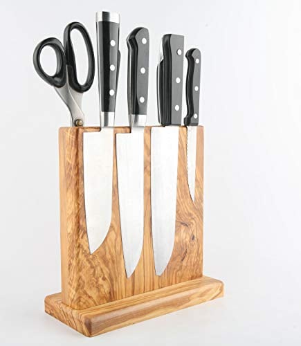 Boumbi Beautiful Grain Wood Magnetic Knife Block with Strong Magnets, Double Side Cutlery Display Stand and Storage Rack (Olive Wood)