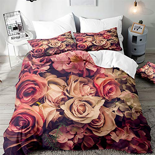 Morbuy 3D Duvet Cover Set for Single Double King Bed, Floral Printed Bedding Sets Boy Girl Bedroom Microfiber Duvet Set Quilt Case with Pillowcases (Vintage rose,220x230cm)